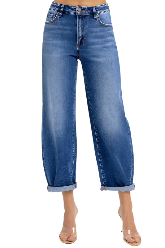 Damens Högmidjade Crop Mild Barrel Jeans Denim 0