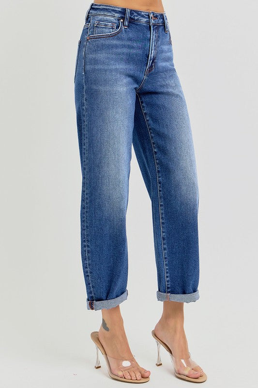 Damens Högmidjade Crop Mild Barrel Jeans Denim 1