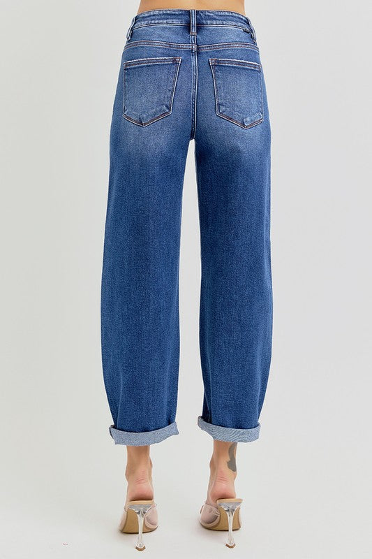 Damens Högmidjade Crop Mild Barrel Jeans Denim 2