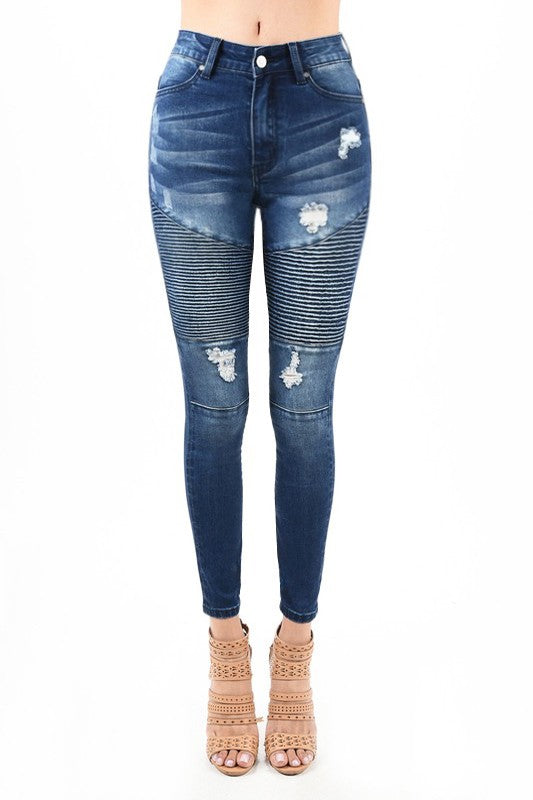 Damens Högmidjade Skinny Jeans Moto Denim 0