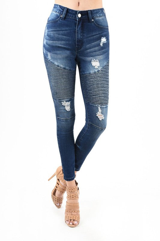 Damens Högmidjade Skinny Jeans Moto Denim 1