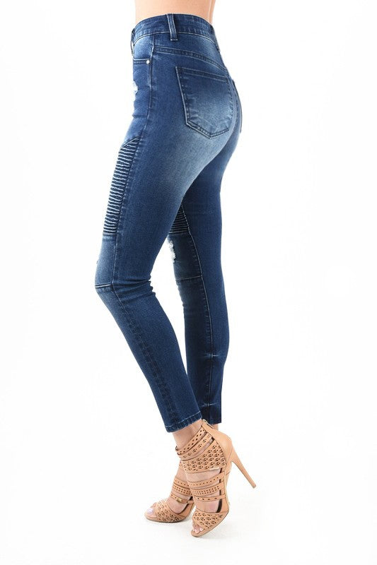 Damens Högmidjade Skinny Jeans Moto Denim 2