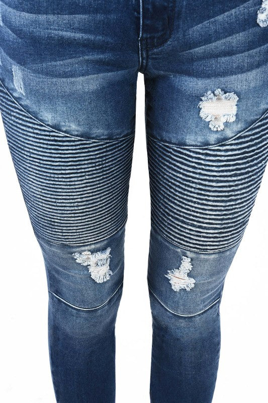 Damens Högmidjade Skinny Jeans Moto Denim 4