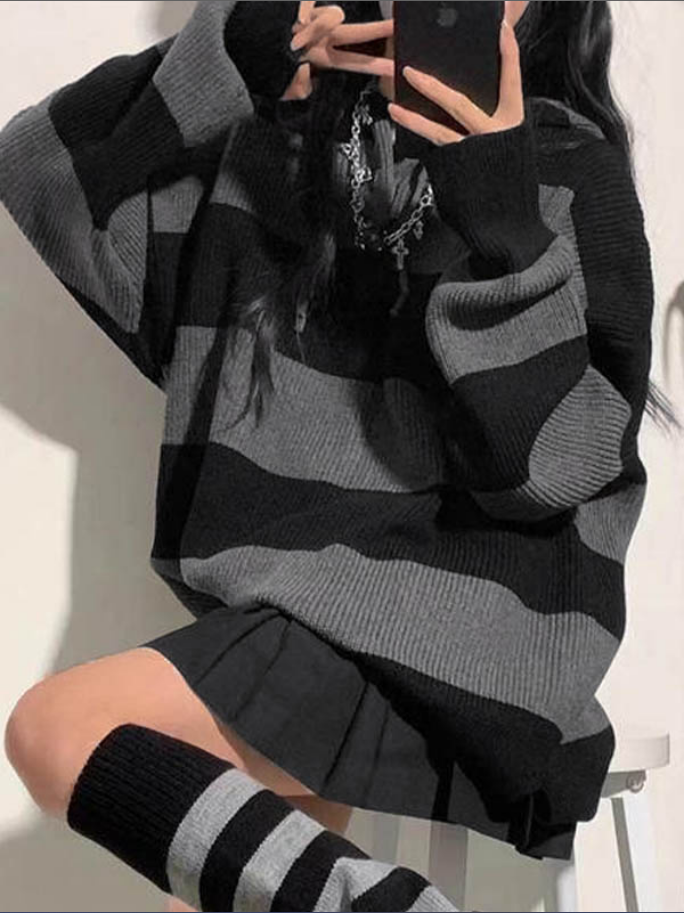 Damens Huvtröja med Randig Design i Baggy Stil 1