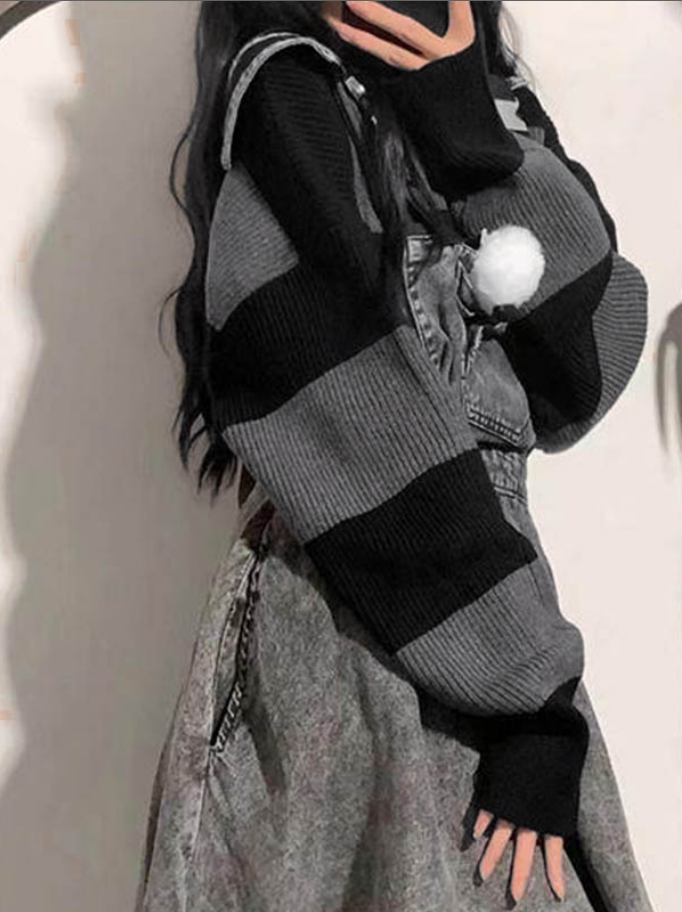 Damens Huvtröja med Randig Design i Baggy Stil 2