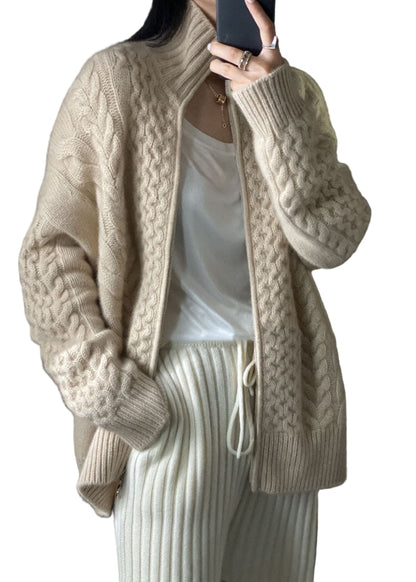 Damens Kappa i Beige med Dragkedja och Stickad Design 0