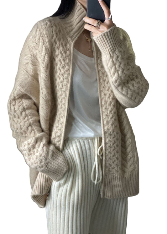 Damens Kappa i Beige med Dragkedja och Stickad Design 0
