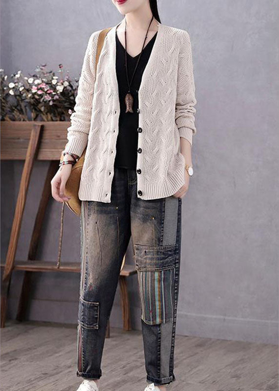 Damens Knitted Sweater Coat med V-ringning och Knappar 3