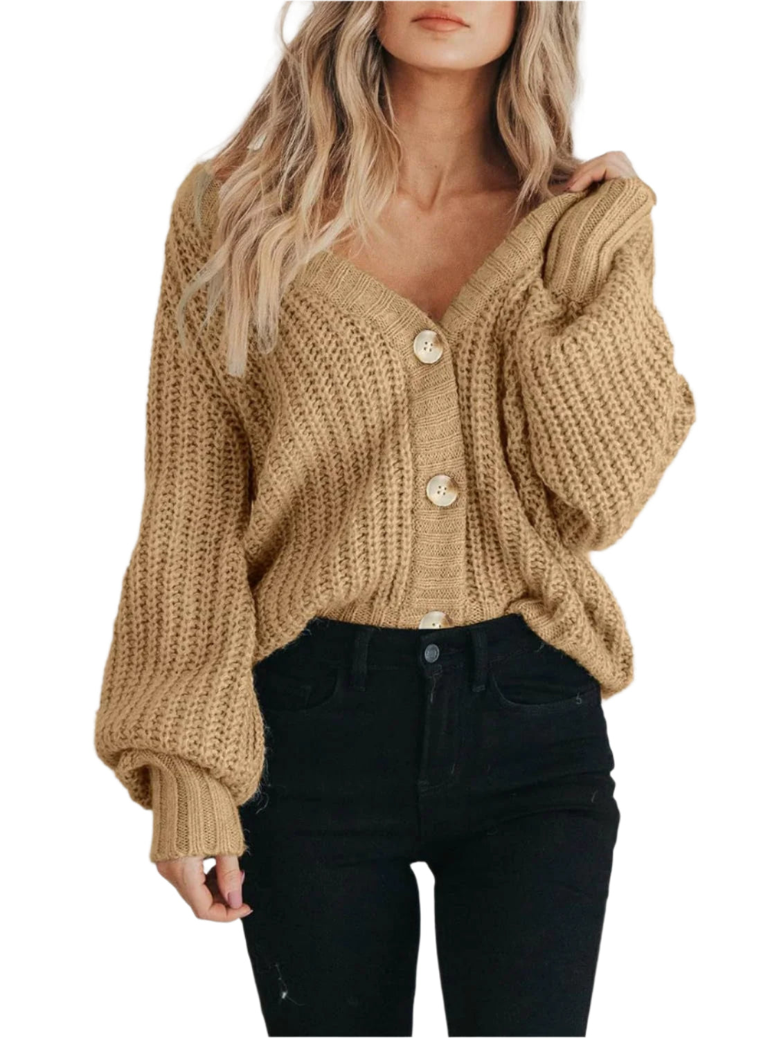 Damens Långärmad Cardigan med Knäppning i Chunky Stickad Design 0