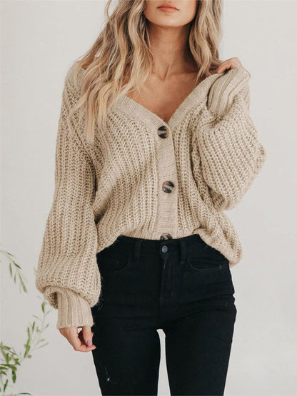 Damens Långärmad Cardigan med Knäppning i Chunky Stickad Design 6