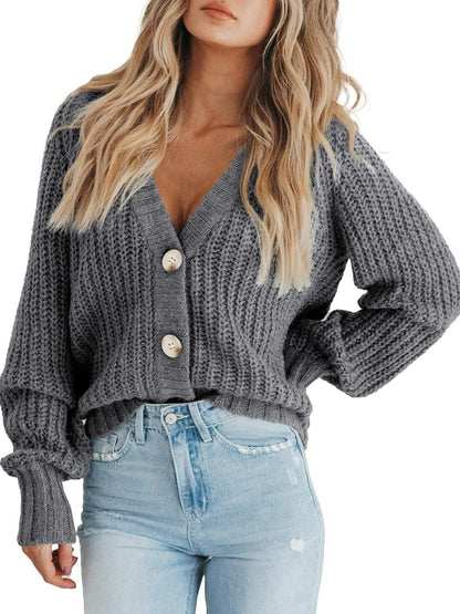 Damens Långärmad Cardigan med Knäppning i Chunky Stickad Design 8