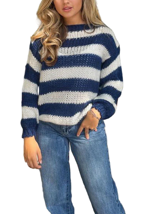 Damens Randiga Pullover Tröja med Drop Shoulder 0