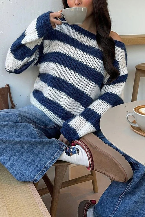Damens Randiga Pullover Tröja med Drop Shoulder 1