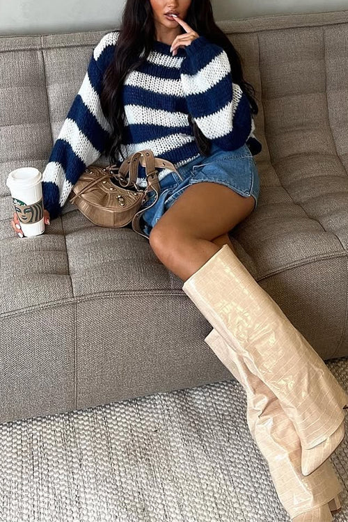 Damens Randiga Pullover Tröja med Drop Shoulder 2