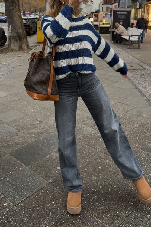 Damens Randiga Pullover Tröja med Drop Shoulder 4