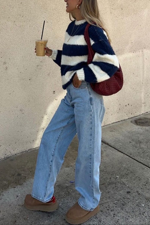 Damens Randiga Pullover Tröja med Drop Shoulder 5