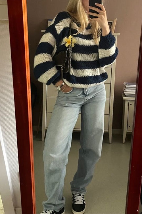 Damens Randiga Pullover Tröja med Drop Shoulder 6