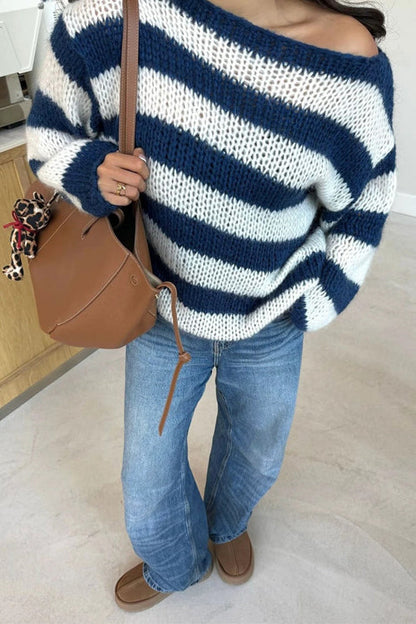 Damens Randiga Pullover Tröja med Drop Shoulder 7