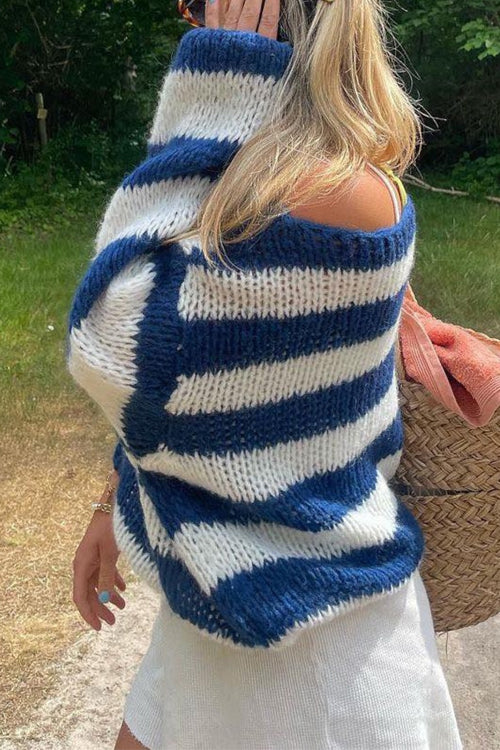 Damens Randiga Pullover Tröja med Drop Shoulder 8