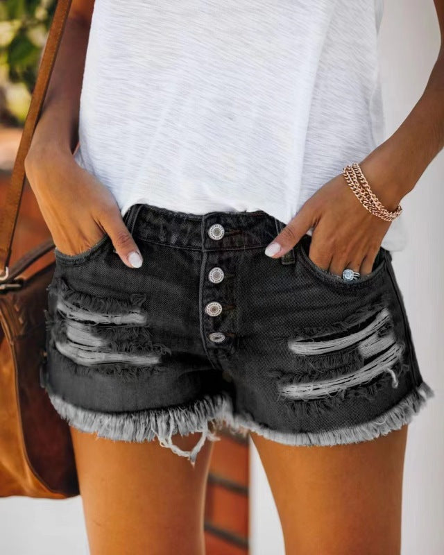 Damens Ripped Fringed Denim Shorts Mid Waist 5