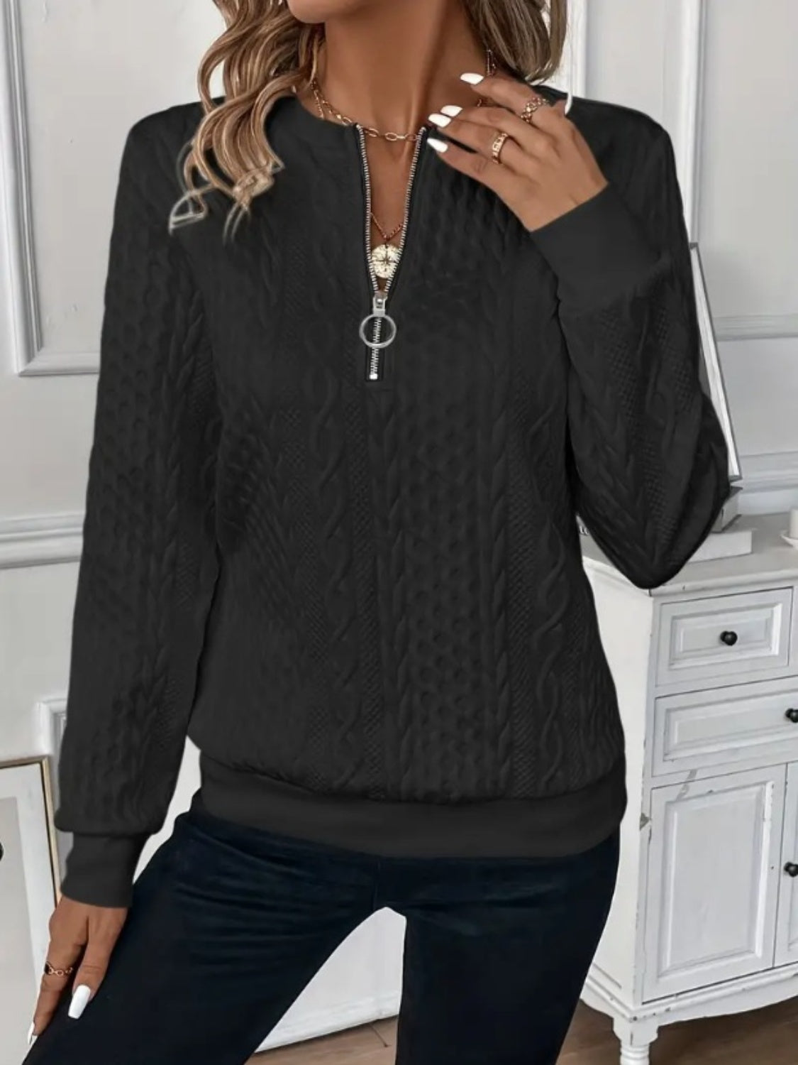 Damens Sweatshirt med Halv Dragkedja och Textur 11
