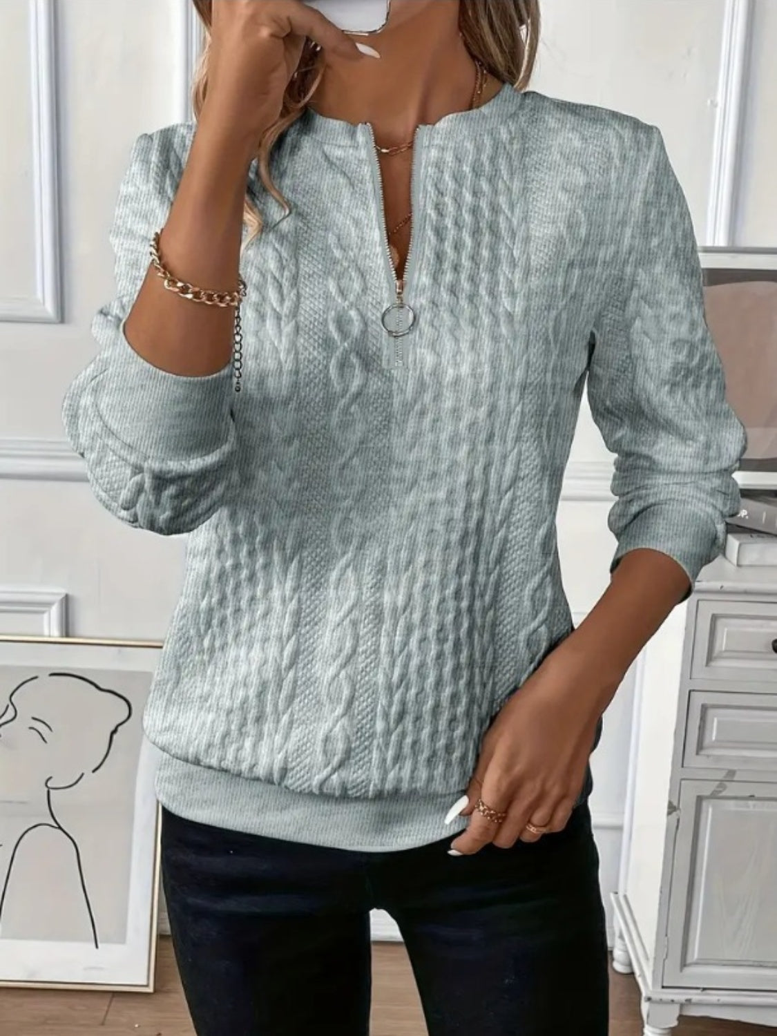 Damens Sweatshirt med Halv Dragkedja och Textur 6