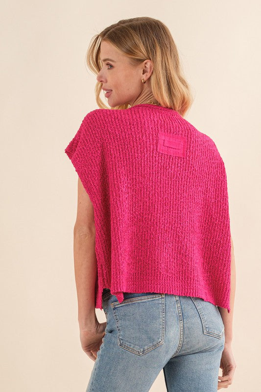 Damens ärmlösa tröja i fuchsia med patchdetaljer 2