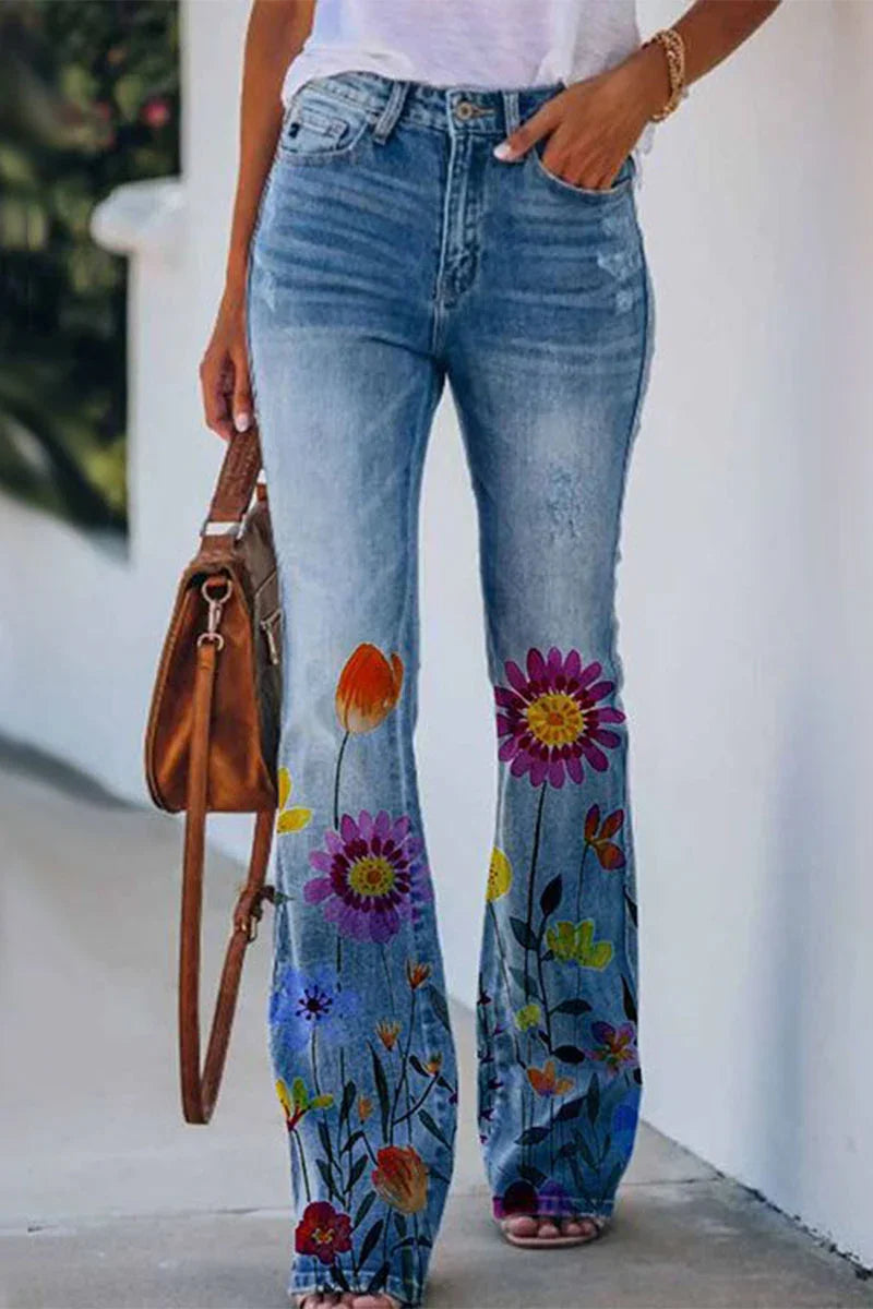 Damer Jeans med Blommig Fickdetalj 1