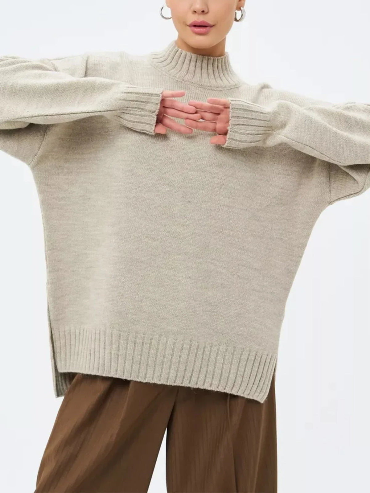 Damer Oversized Tröja med Halvhög Hals 8