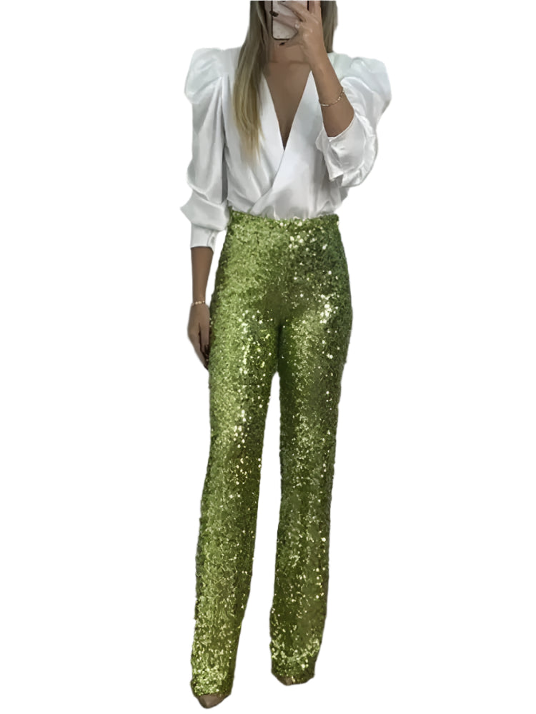 Damerna Festbyxor Pailletter Modern Passform Polyester Elastan 0