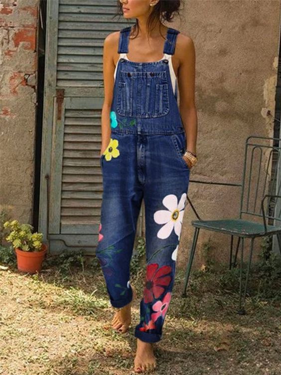 Damernas Ärmellösa Denim-Overall med Blommotiv 1