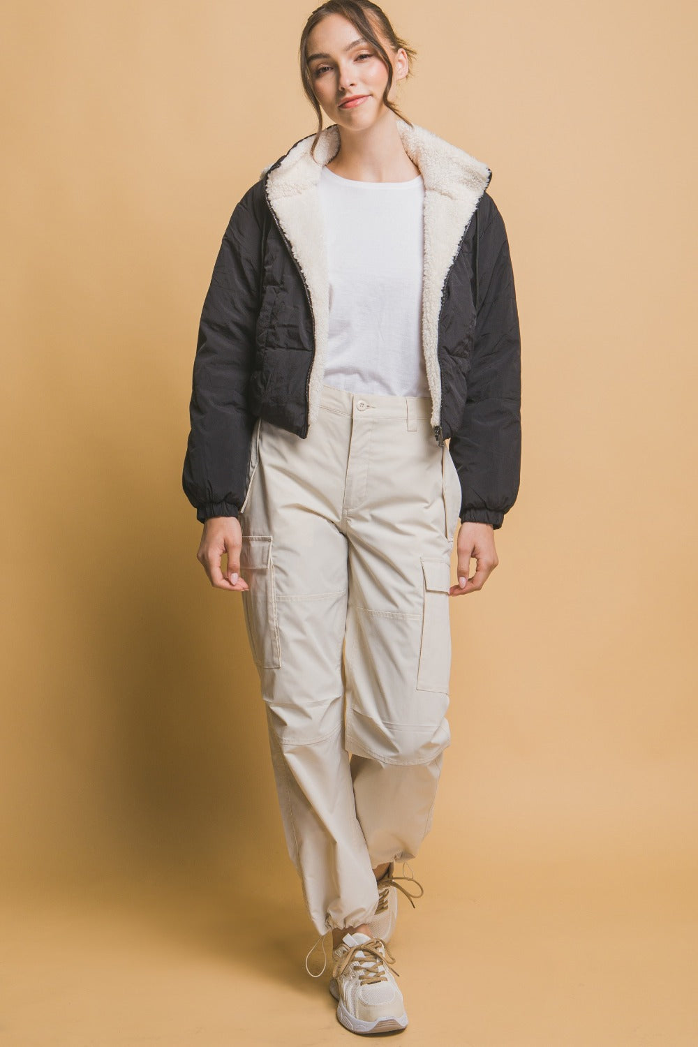 Damernas Cropped Jacka med Huva och Vändbar Sherpa 4