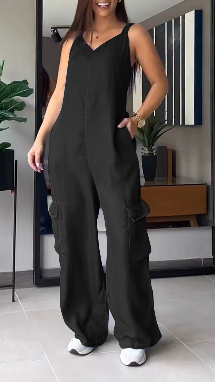 Damernas Denim Jumpsuit med V-hals och Rygglös Design 0