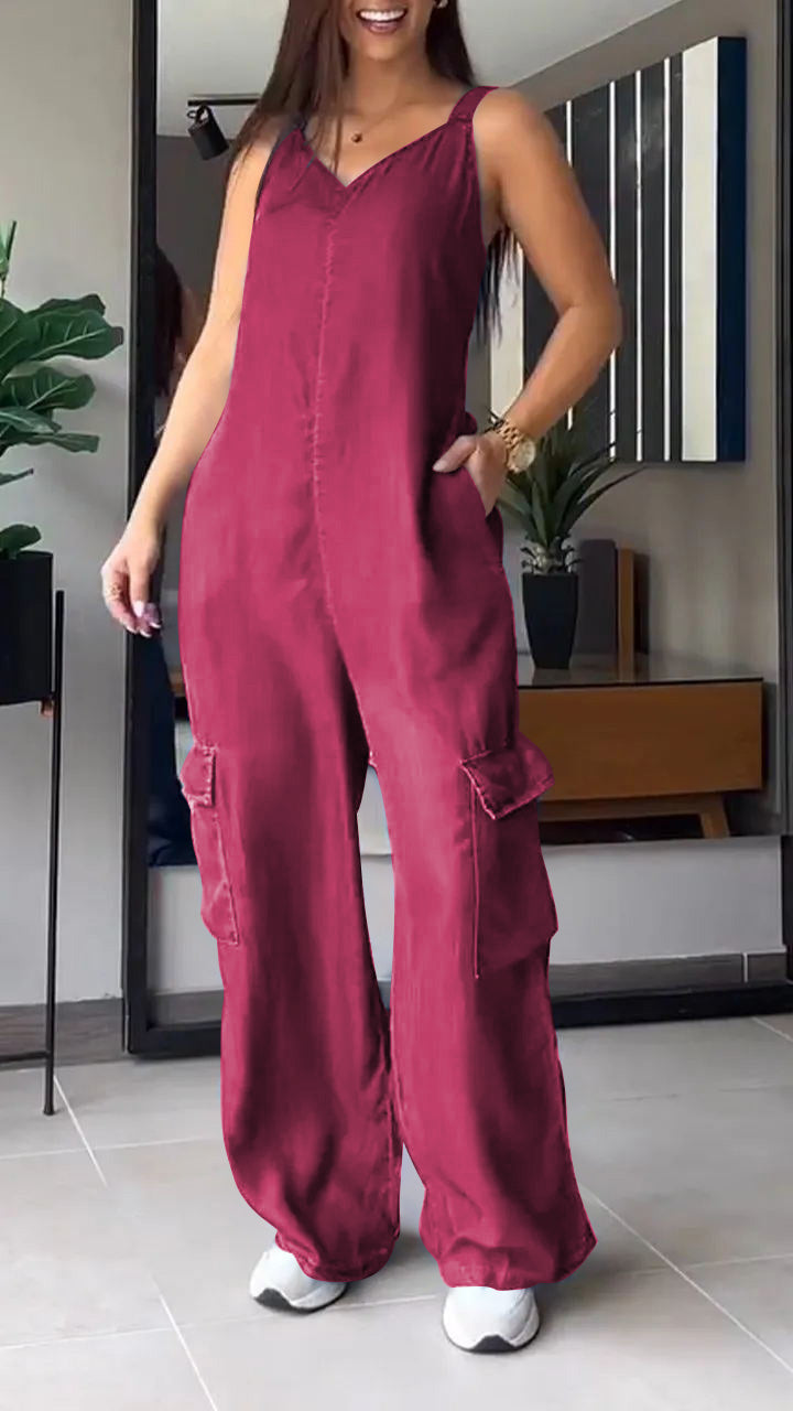 Damernas Denim Jumpsuit med V-hals och Rygglös Design 10