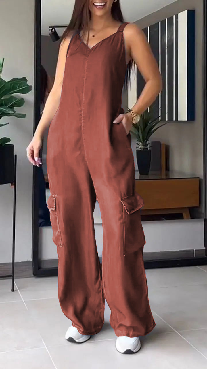 Damernas Denim Jumpsuit med V-hals och Rygglös Design 11