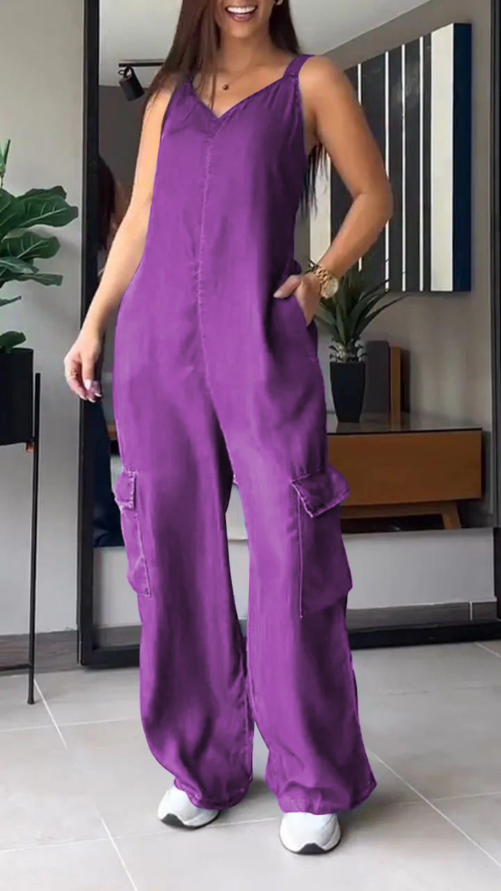 Damernas Denim Jumpsuit med V-hals och Rygglös Design 12