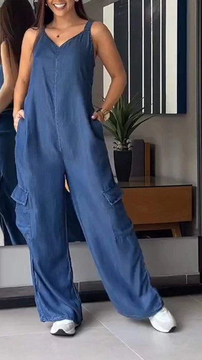 Damernas Denim Jumpsuit med V-hals och Rygglös Design 2