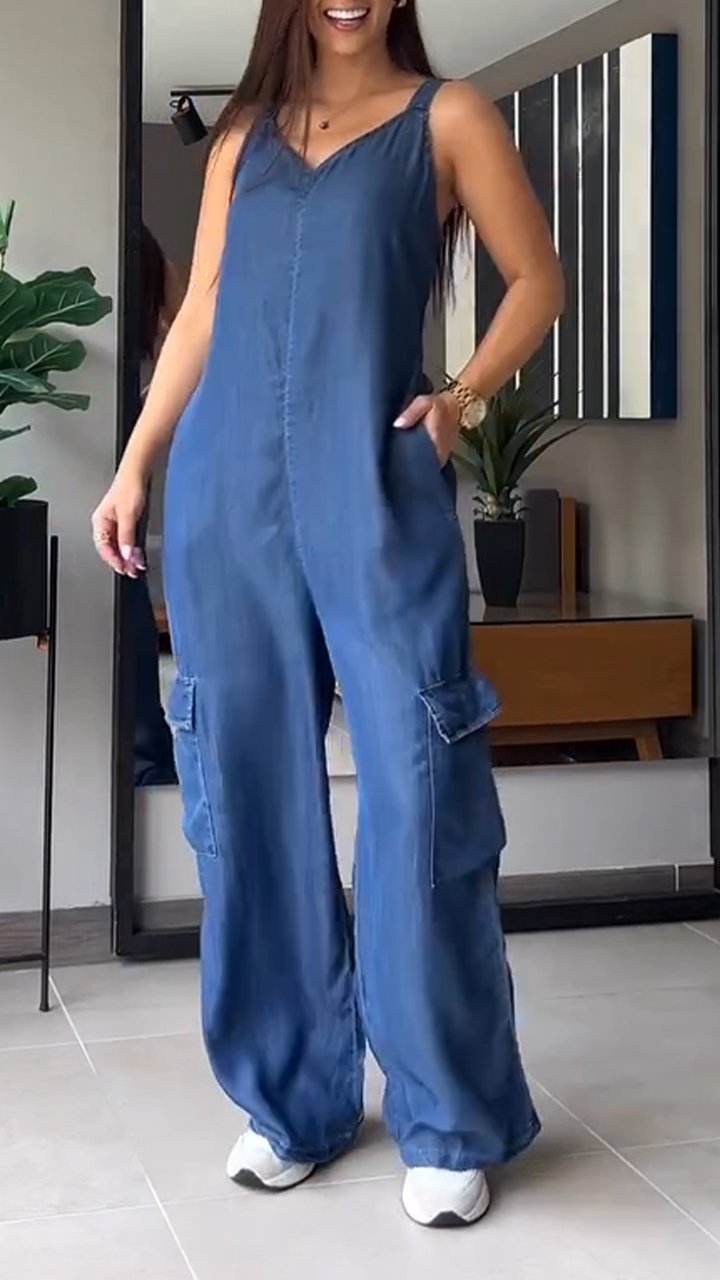 Damernas Denim Jumpsuit med V-hals och Rygglös Design 6