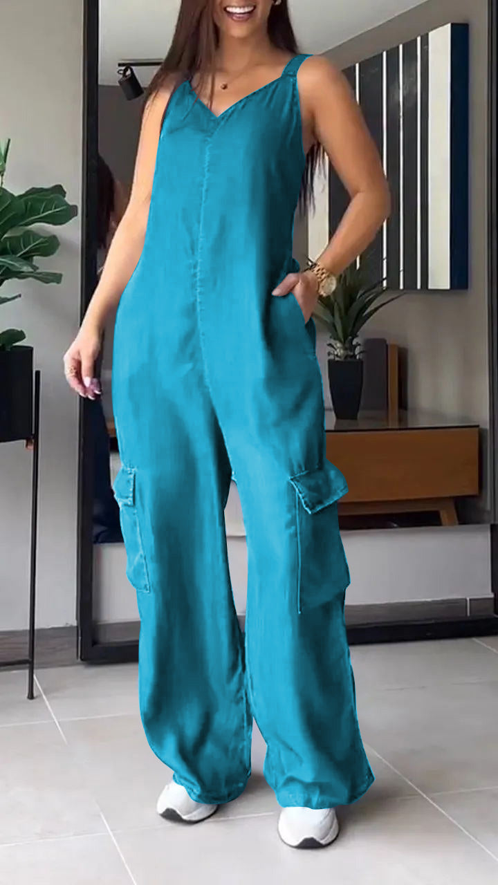 Damernas Denim Jumpsuit med V-hals och Rygglös Design 7