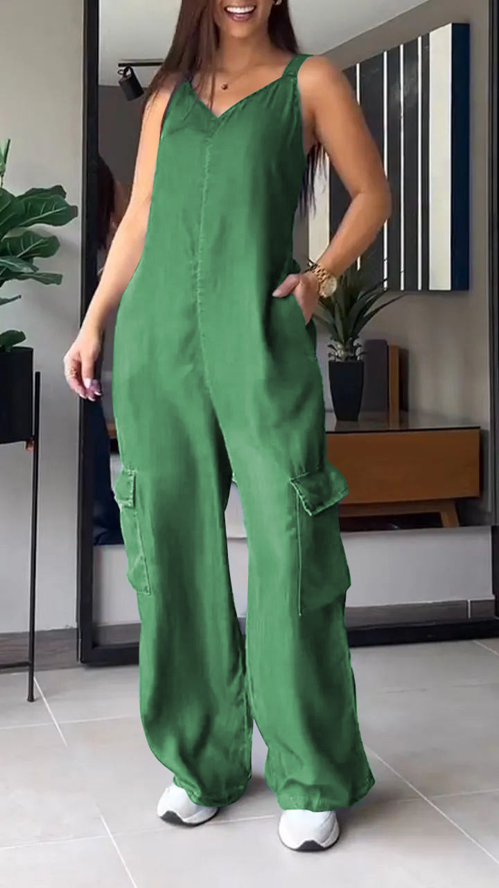 Damernas Denim Jumpsuit med V-hals och Rygglös Design 9