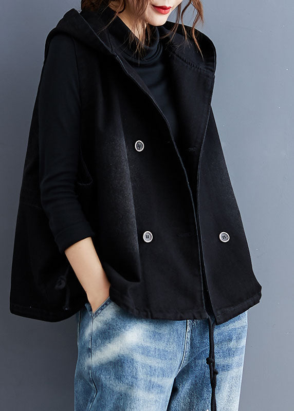 Damernas Denim Trenchväst med Huva och Knappar 2
