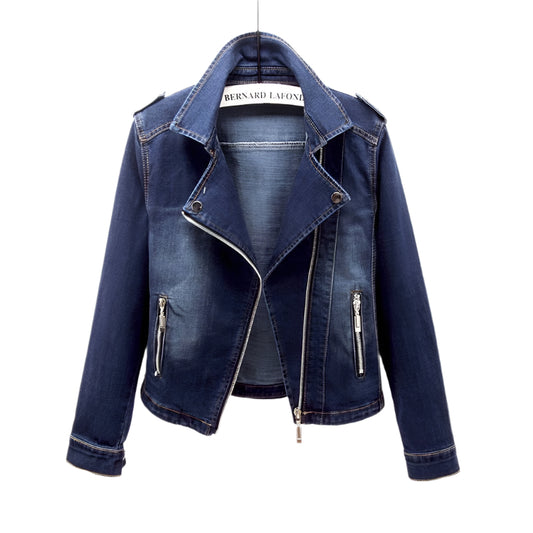 Damernas Denimjacka Asymmetrisk Dragkedja Kraftigt Vävt Tyg 0