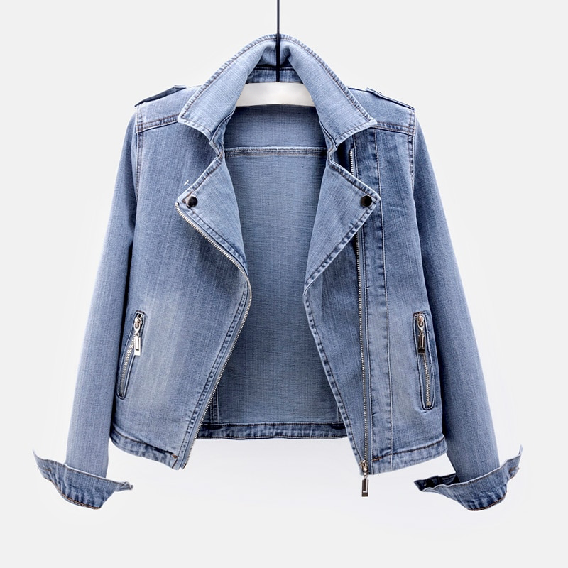 Damernas Denimjacka Asymmetrisk Dragkedja Kraftigt Vävt Tyg 1