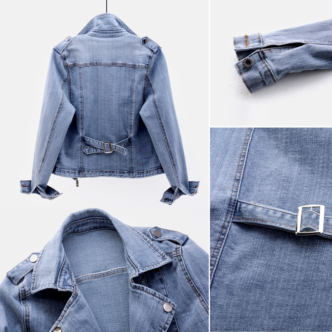 Damernas Denimjacka Asymmetrisk Dragkedja Kraftigt Vävt Tyg 3