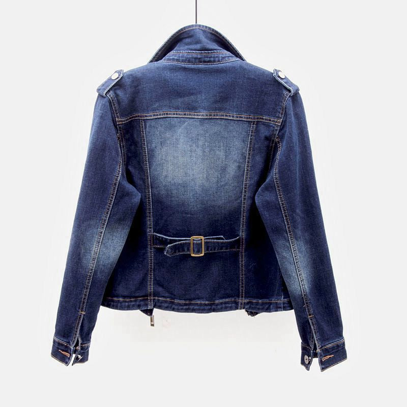 Damernas Denimjacka Asymmetrisk Dragkedja Kraftigt Vävt Tyg 4