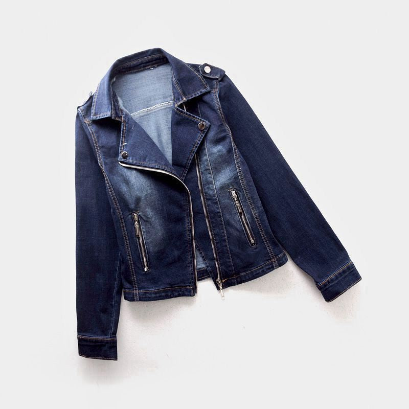 Damernas Denimjacka Asymmetrisk Dragkedja Kraftigt Vävt Tyg 5