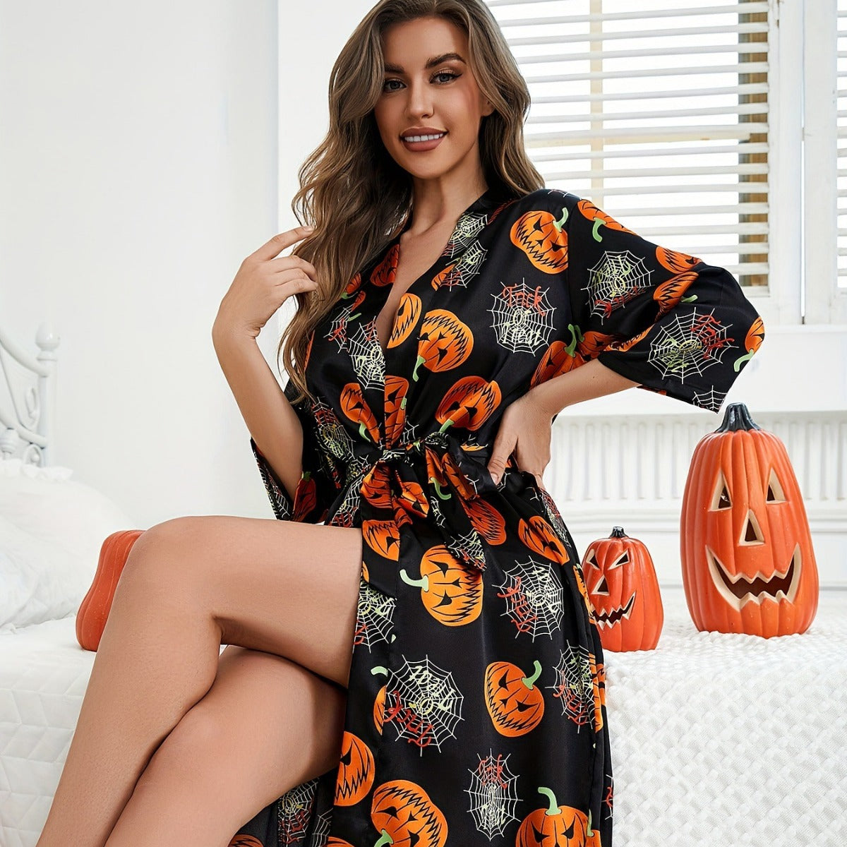 Damernas Halloween Klänning Med Pumpa Mönster Lätt Tyg 1