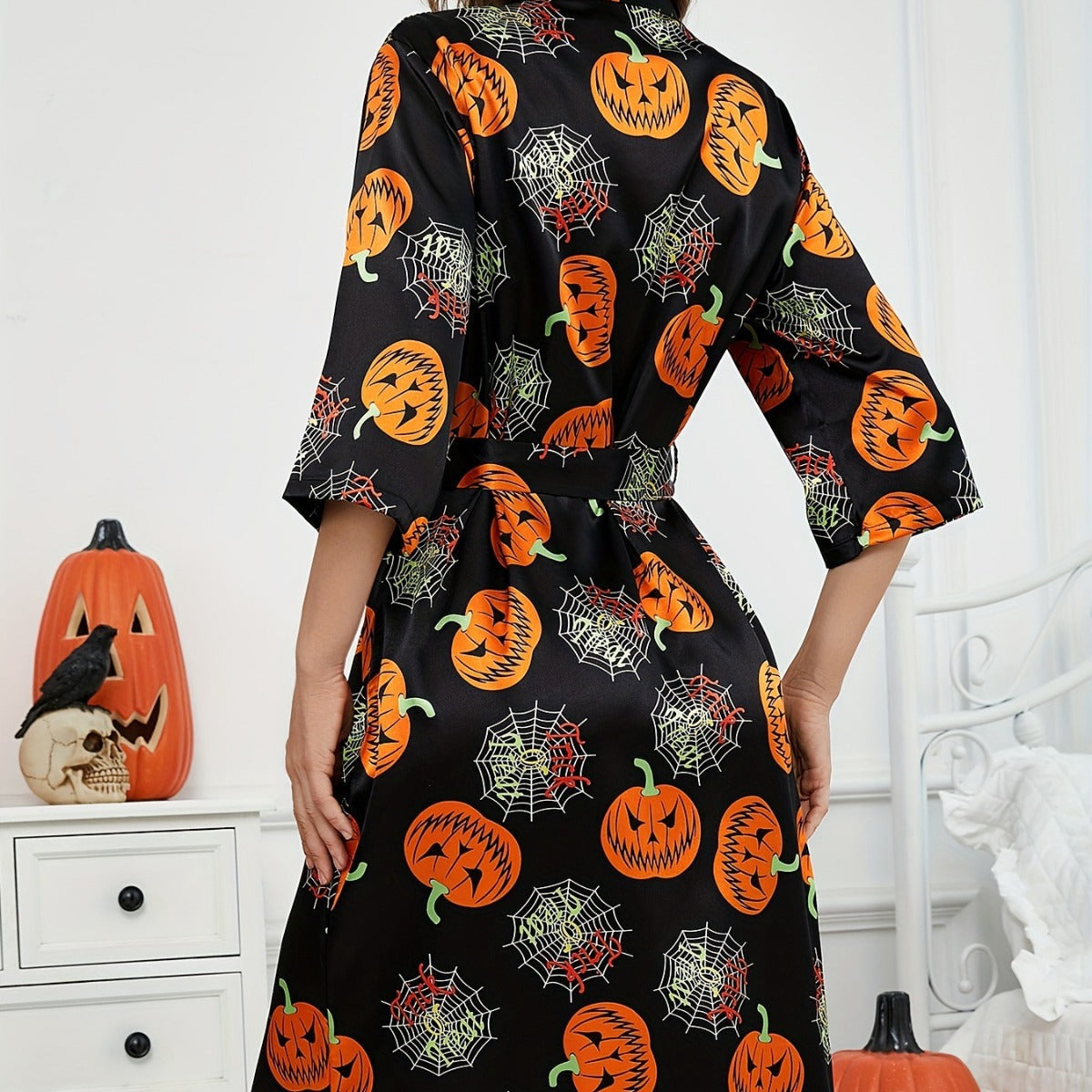 Damernas Halloween Klänning Med Pumpa Mönster Lätt Tyg 3