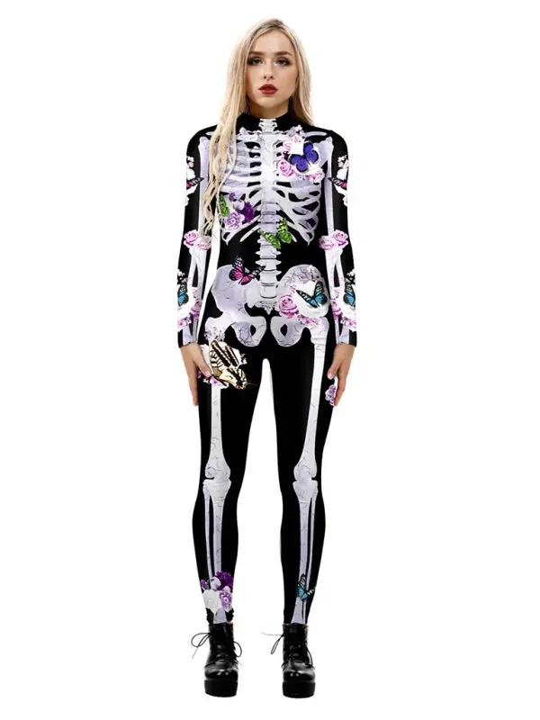 Damernas Halloween Kostym Skeletttryck Blommor Mjuk Tyg 0