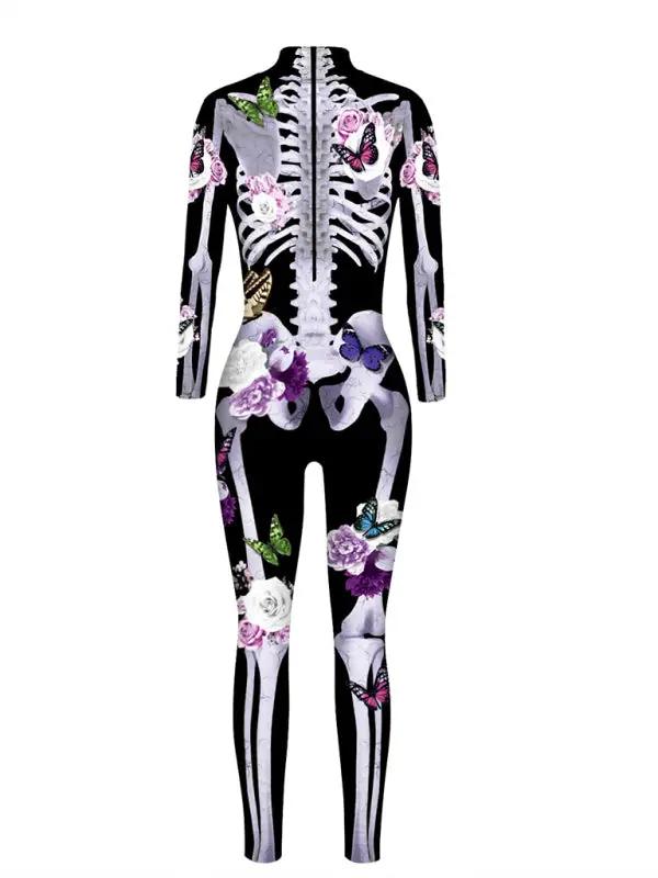 Damernas Halloween Kostym Skeletttryck Blommor Mjuk Tyg 1